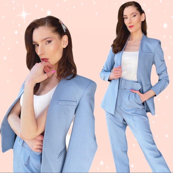 Zara Pants - 💙SOLD ZARA 2 PIECE ✨NWT✨ Powder Blue Pantsuit Lapeless Blazer & Belted Pants